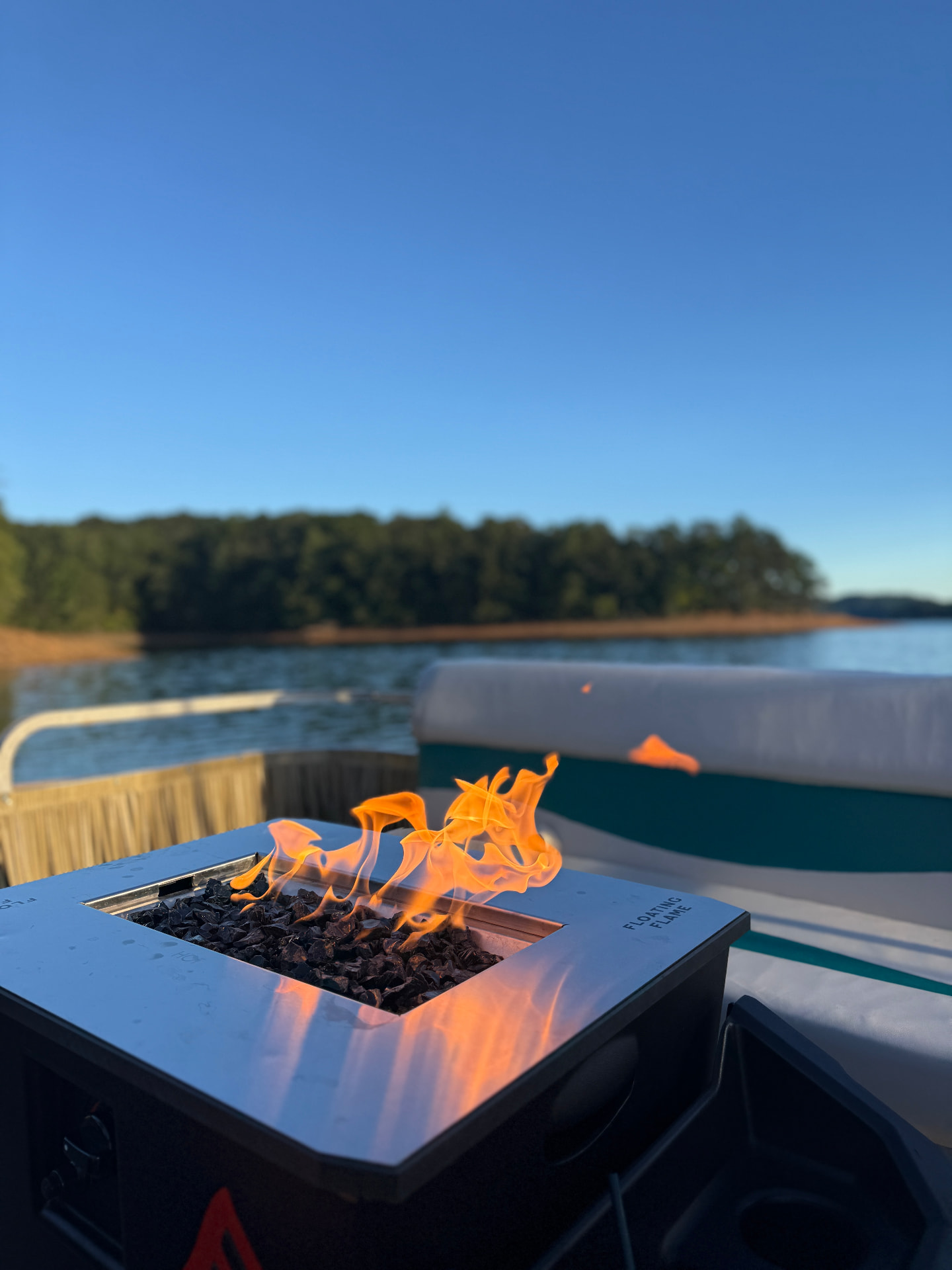 Close-up of the on-board propane fire pit flames